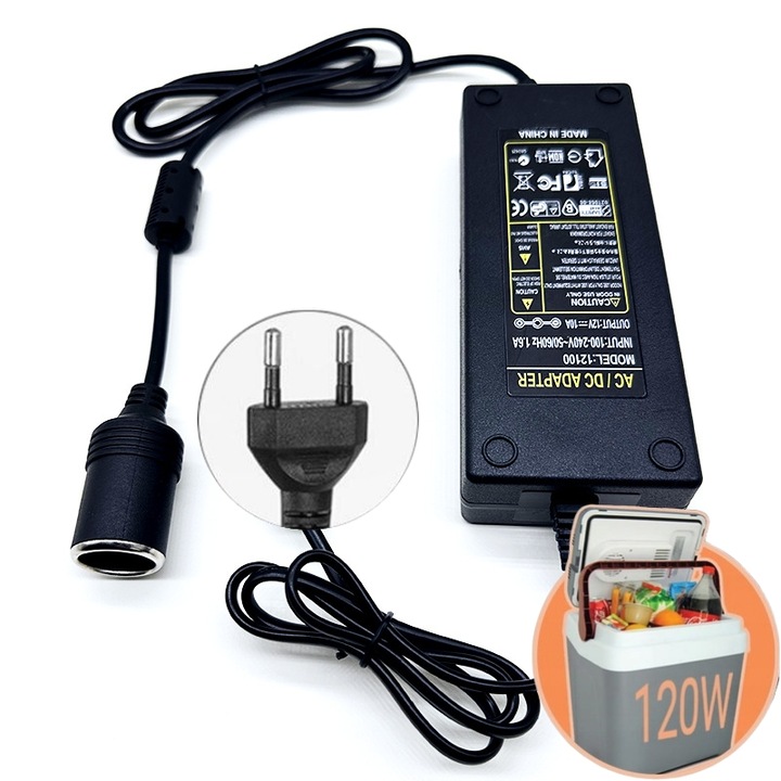 Autós aljzat adapter, 230V-12V/10A, 120W, kompresszorokhoz, porszívókhoz, autós hűtőládákhoz, Fekete