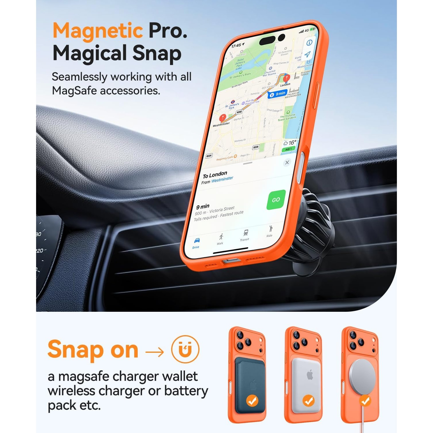 Husa Matte MagSafe pentru IPhone 17 Pro Max, protectie completa, contur Portocaliu
