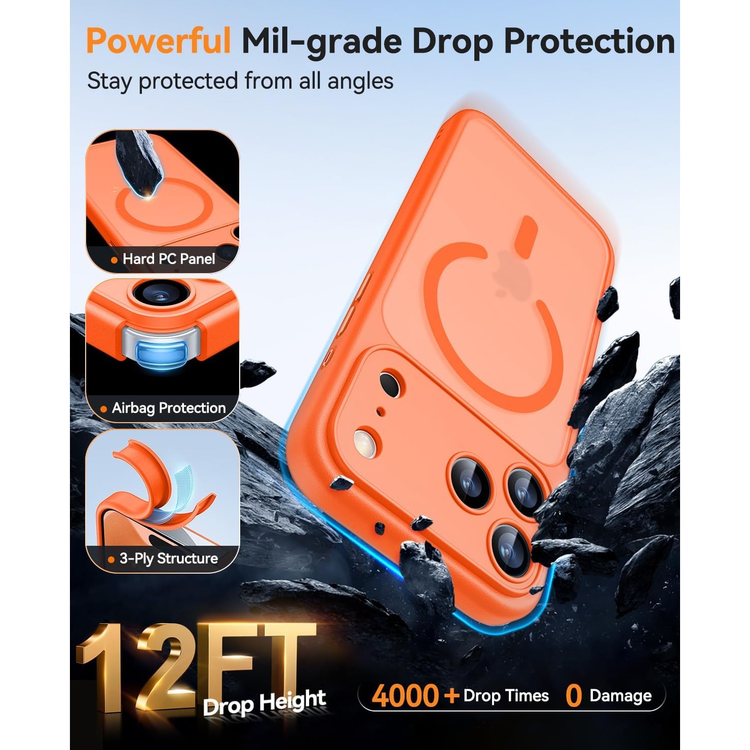 Husa Matte MagSafe pentru IPhone 17 Pro Max, protectie completa, contur Portocaliu