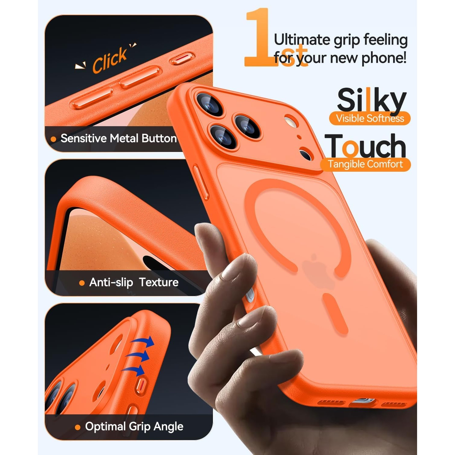 Husa Matte MagSafe pentru IPhone 17 Pro Max, protectie completa, contur Portocaliu