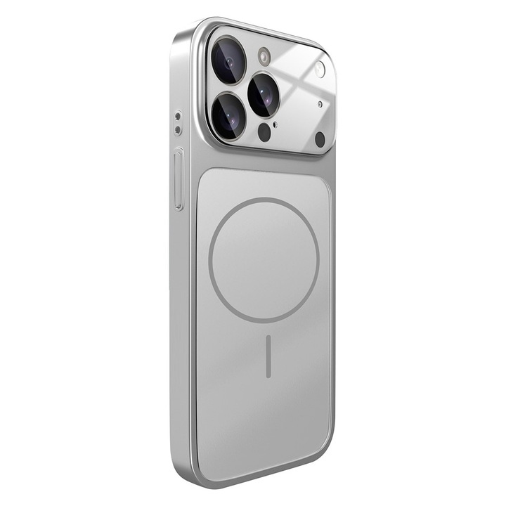 Калъф Skin за трансформация на iPhone 15 Pro Max в iPhone 17 Pro Max – Премиум дизайн, съвместим с MagSafe, цвят сребърен