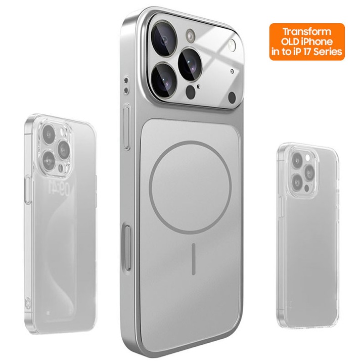 Калъф Skin за трансформация на iPhone 13 Pro в iPhone 17 Pro – Премиум дизайн, съвместим с MagSafe, цвят сребрист