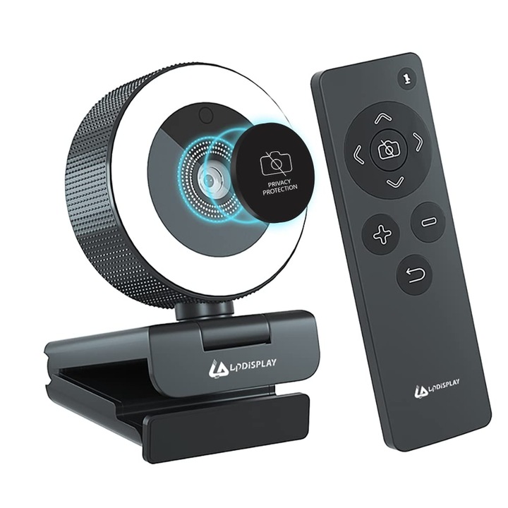Webkamera LPDISPLAY 1080P 4MP Autofókusszal, Fénygyűrűvel, Adatvédelmi Fedéllel, 8X Zoommal