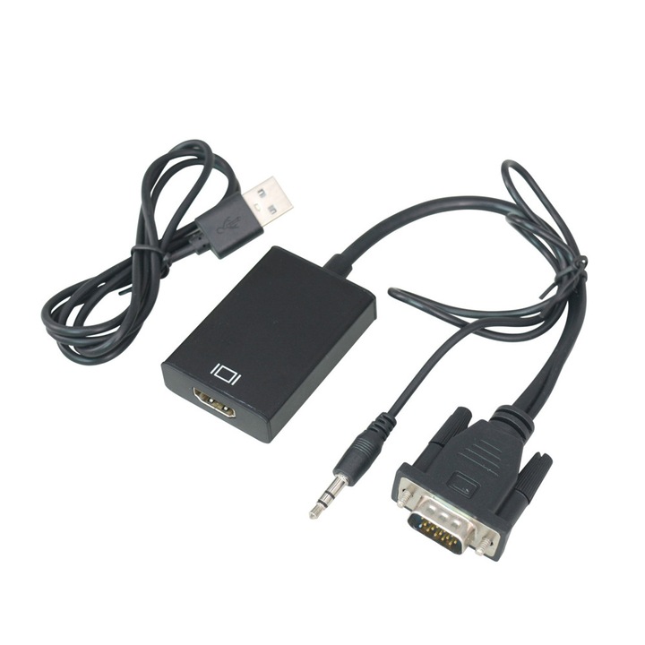 Адаптер VGA мъжки + жак 3.5 мм към HDMI женски, 0.1м, Full HD 1080p, съвместим с Windows 10