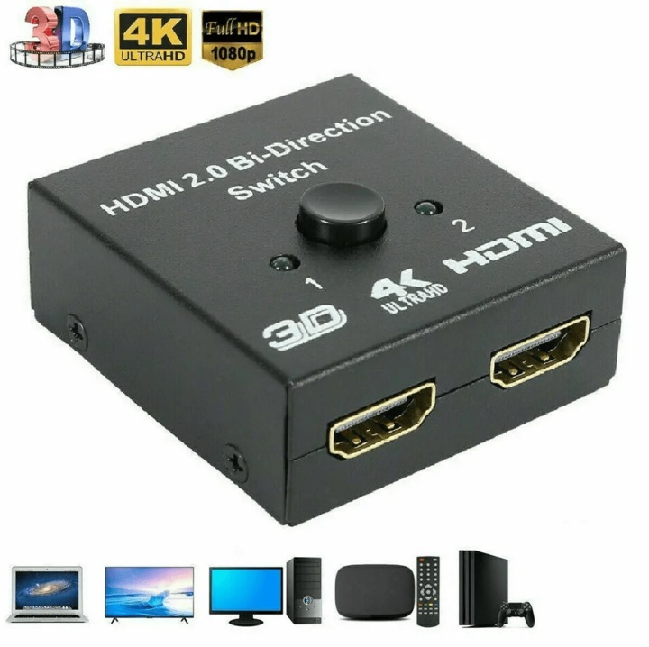 Двупосочен HDMI адаптер 1x2 или 2x1, поддръжка на 4K, черен