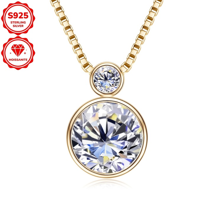 Colier din Argint Placat cu Aur Galben de 14k, 45+5CM, Design Simplu, cu Moissanite de Doua+0.1 Carate, Pentru Femei si Fete