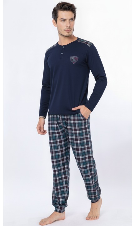 Pijama lunga bumbac fin si calitativ, buzunare la pantaloni bleumarin 207 13275, Bleumarin