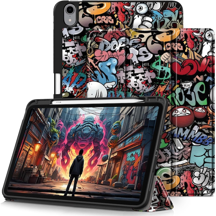 Husa pentru Apple iPad 11 (2025) cu Suport Pencil, Piele eco, Smart Cover – Graffiti