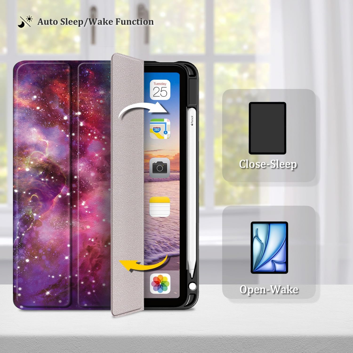 Husa pentru Apple iPad 11 (2025) cu Suport Pencil, Piele eco, Smart Cover – Galaxy