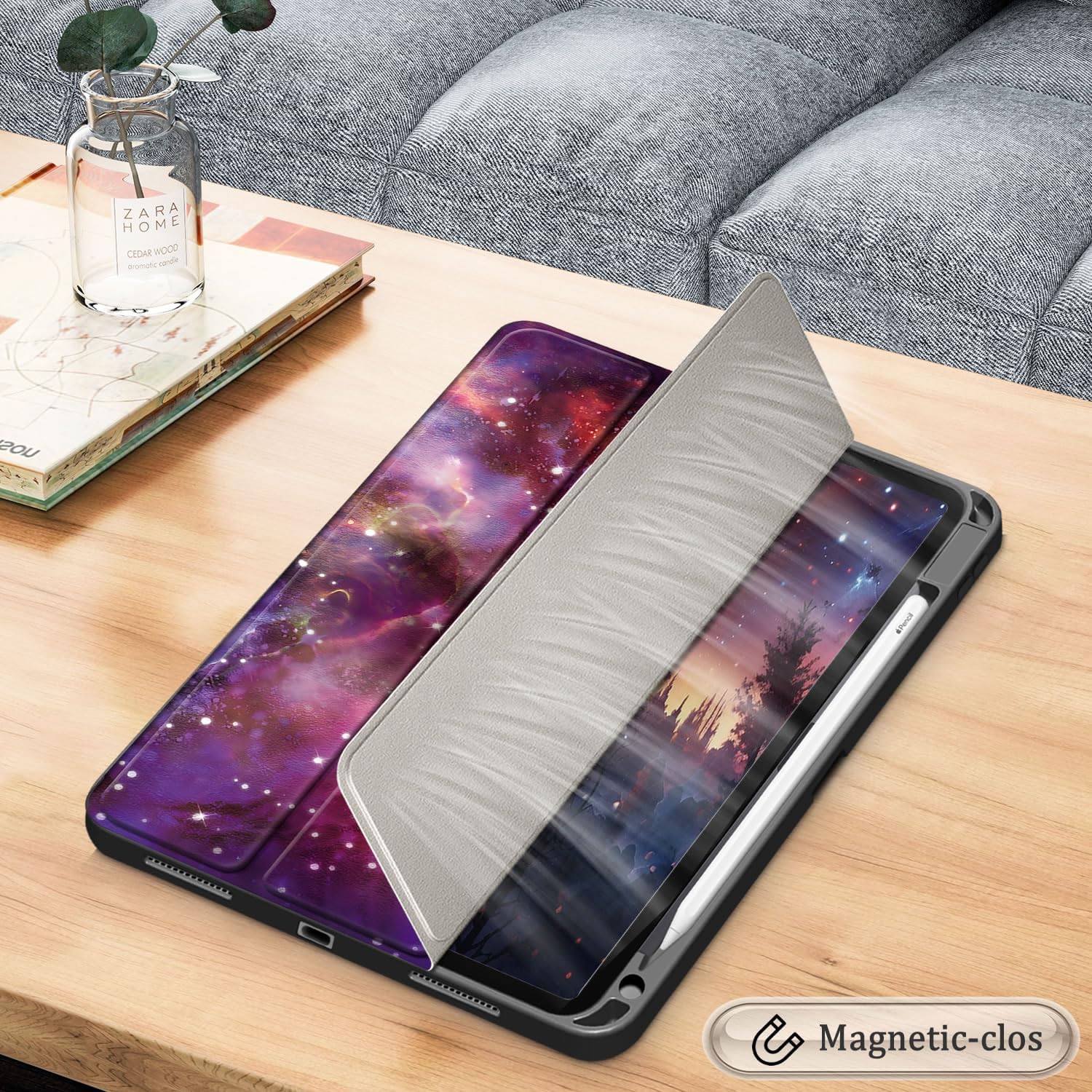Husa pentru Apple iPad 11 (2025) cu Suport Pencil, Piele eco, Smart Cover – Galaxy
