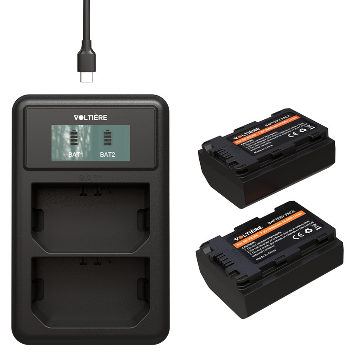 Set 2 acumulatori 2280mAh NP-FZ100 cu incarcator, Voltière, Compatibil cu Nikon Coolpix P7000, P7100, P7700, P7800 Nikon DSLR D3100 D3200 D3300 D3400 D3500 D5100 D5200 D5300 D5500 D5600