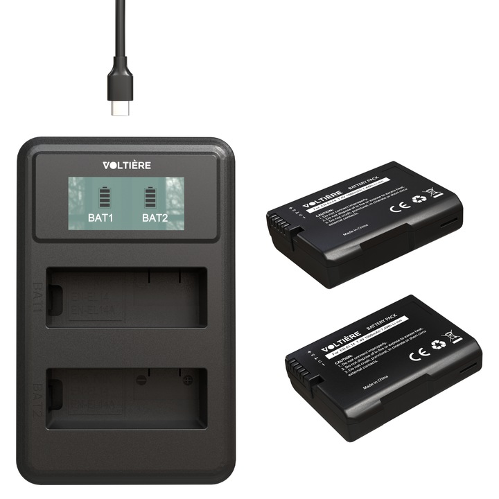 2 db 1000mAh EN-EL14 akkumulátor szett töltővel, Voltière, Kompatibilis Nikon Coolpix P7000, P7100, P7700, P7800 Nikon DSLR D3100 D3200 D3300 D3400 D3500 D5100 D5200 D5300 D5500 D5600