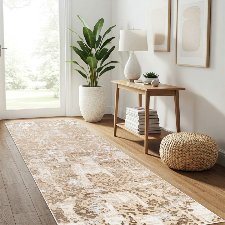 Covor, Tapiso, Crystal Cho, 120 x 150 cm, Bej, OEKO-TEX, Inaltime Fir 8 mm, Pentru Living, Dormitor, Hol, Rezistent La UV, Rezistent La Pete, Lavabil, Usor de curatat, Rezistent La Intemperii, Impermeabil, Moale La Atingere