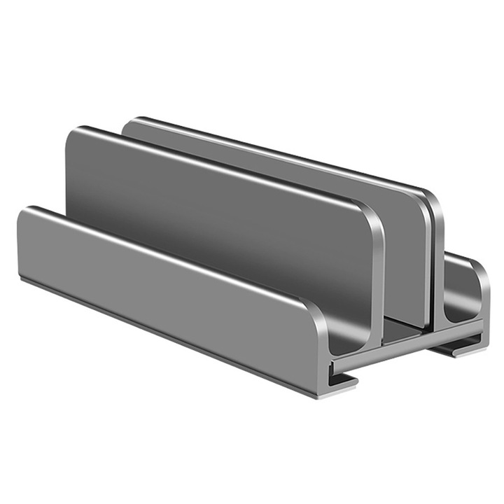 Suport/Stand Vertical Dublu, BOMSTOM, Protectie Aluminiu, Ajustabil, pentru Laptop, Telefon, Tableta, Ajustabil, Protectie Aluminiu, Covoras Non-Alunecos, Gri