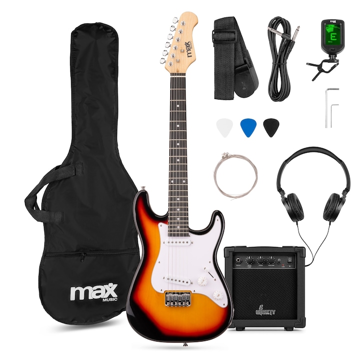 Elektromos gitár szett 3/4, 20W-os erősítővel és hordtáskával, sunburst, MAX GigKit