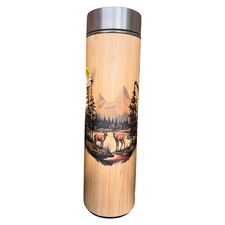KINATA fém és bambusz termosz 500ml, szarvas és természet mintával