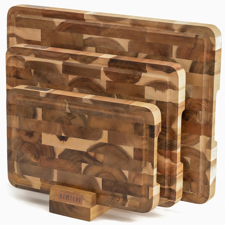 Set de Tocătoare Namture din Lemn de Salcâm, Grosime 2,5 cm, Suprafață Uleiată, Picioare Antiderapante, Cutie Cadou De Lux