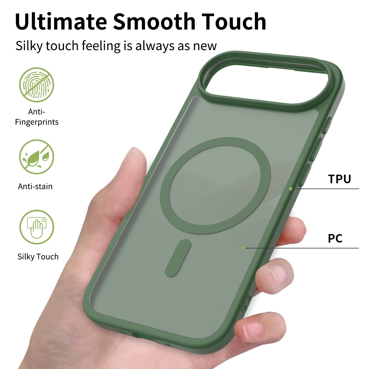 Husa de protectie pentru iPhone 17 Air, Omelivon, MagSafe, Incarcare Wireless, Antisoc, Margini Ridicate pentru Protectia Ecranului si a Camerelor, Verde