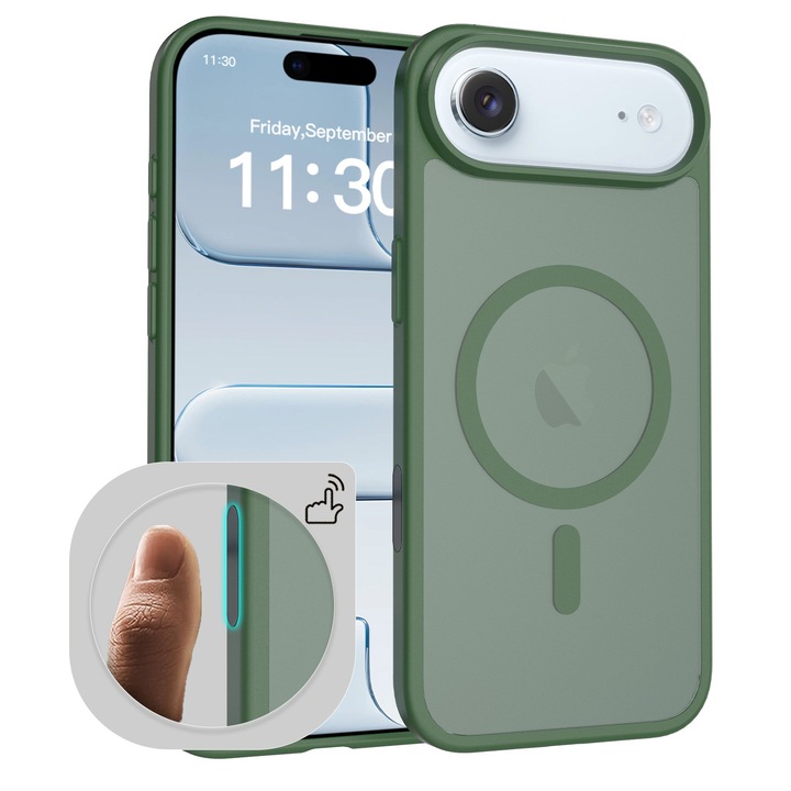Husa de protectie pentru iPhone 17 Air, Omelivon, MagSafe, Incarcare Wireless, Antisoc, Margini Ridicate pentru Protectia Ecranului si a Camerelor, Verde