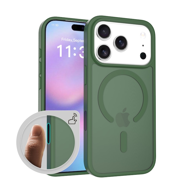 Husa de protectie pentru iPhone 17 Pro, Omelivon, MagSafe, Incarcare Wireless, Antisoc, Margini Ridicate pentru Protectia Ecranului si a Camerelor, Verde