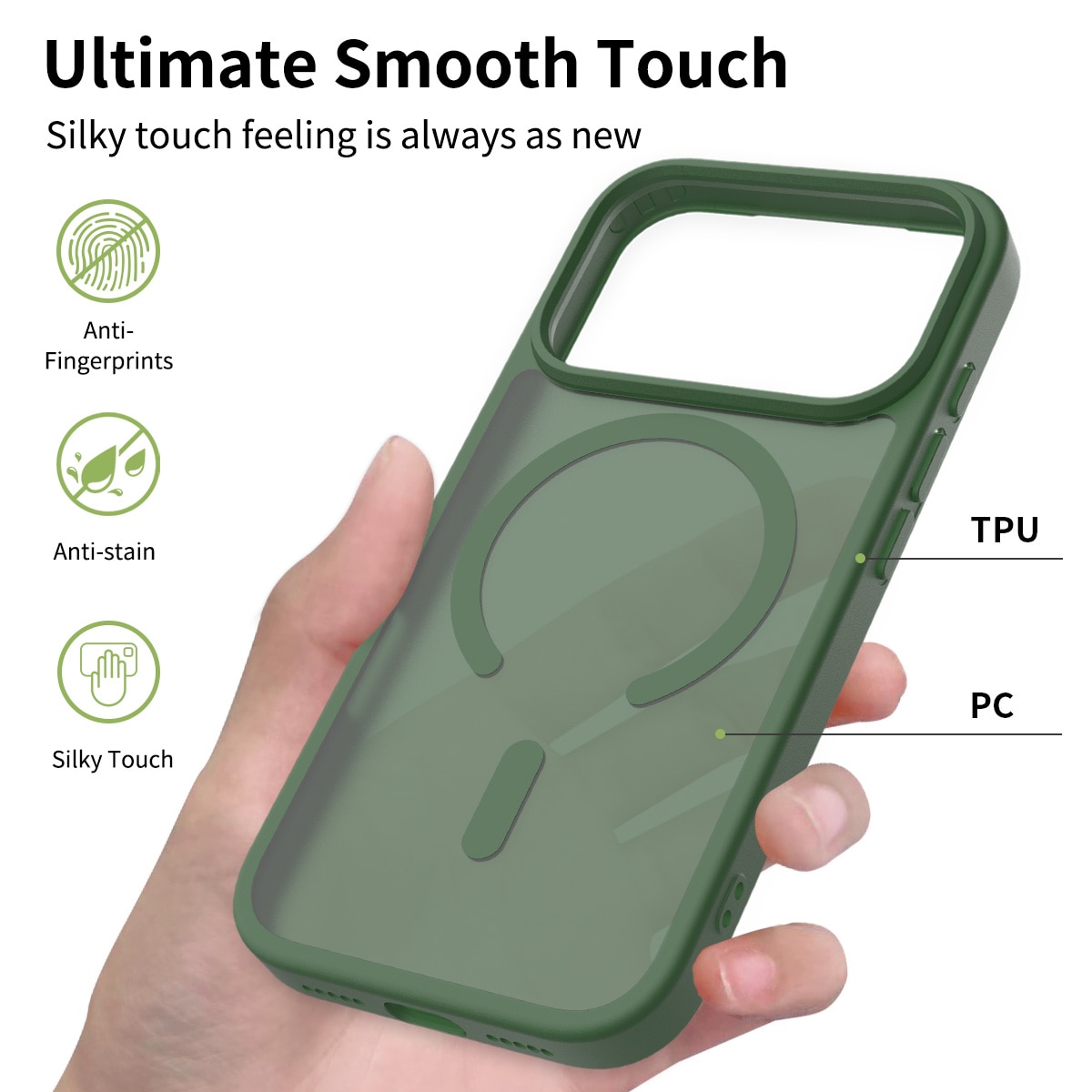 Husa de protectie pentru iPhone 17 Pro, Omelivon, MagSafe, Incarcare Wireless, Antisoc, Margini Ridicate pentru Protectia Ecranului si a Camerelor, Verde