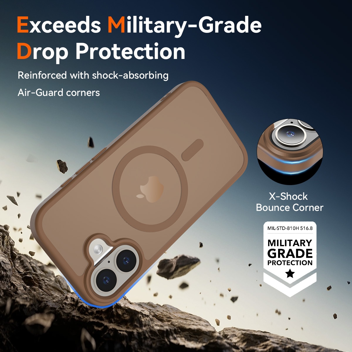 Husa de protectie pentru iPhone 17, Omelivon, MagSafe, Incarcare Wireless, Antisoc, Margini Ridicate pentru Protectia Ecranului si a Camerelor, Maro