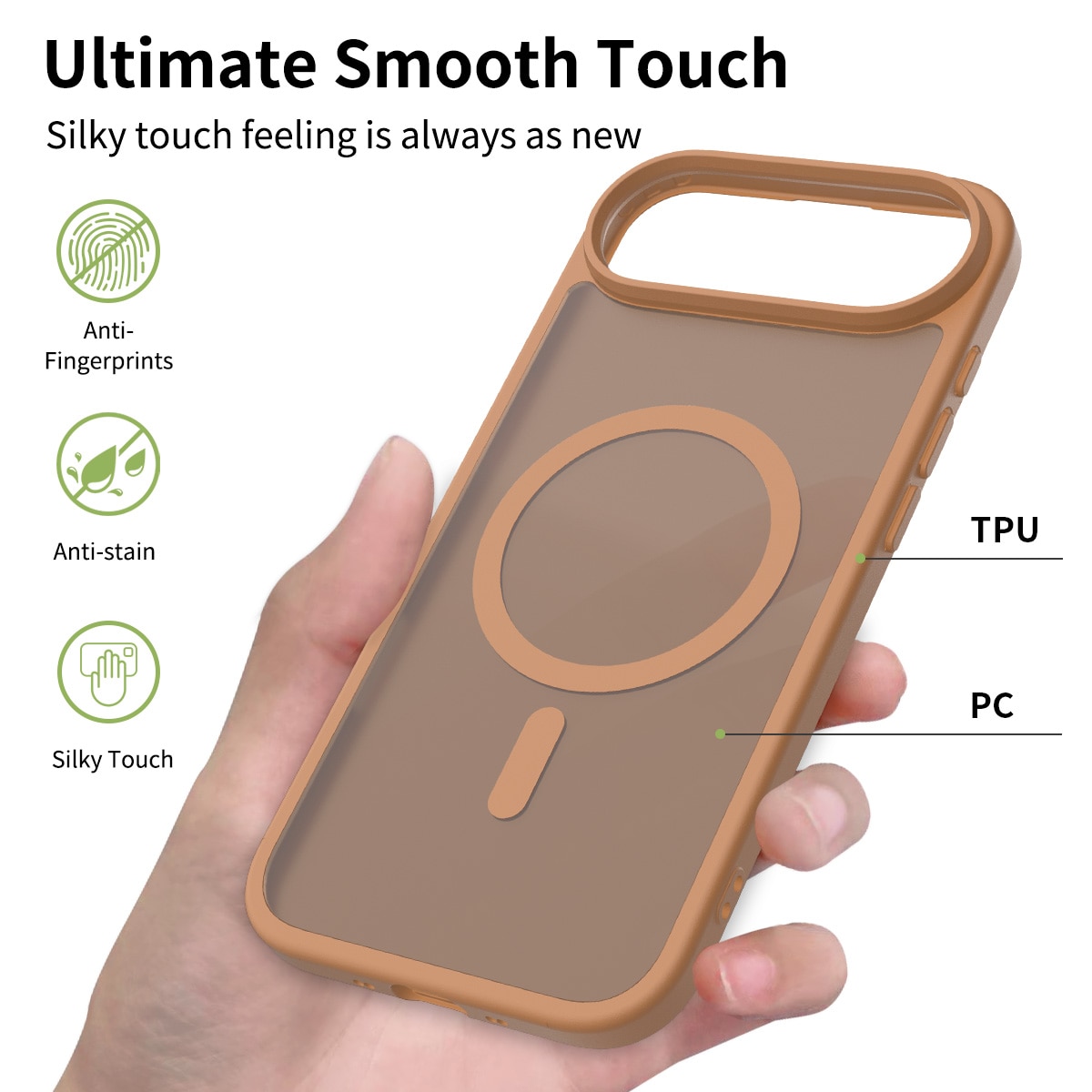 Husa de protectie pentru iPhone 17 Air, Omelivon, MagSafe, Incarcare Wireless, Antisoc, Margini Ridicate pentru Protectia Ecranului si a Camerelor, Maro