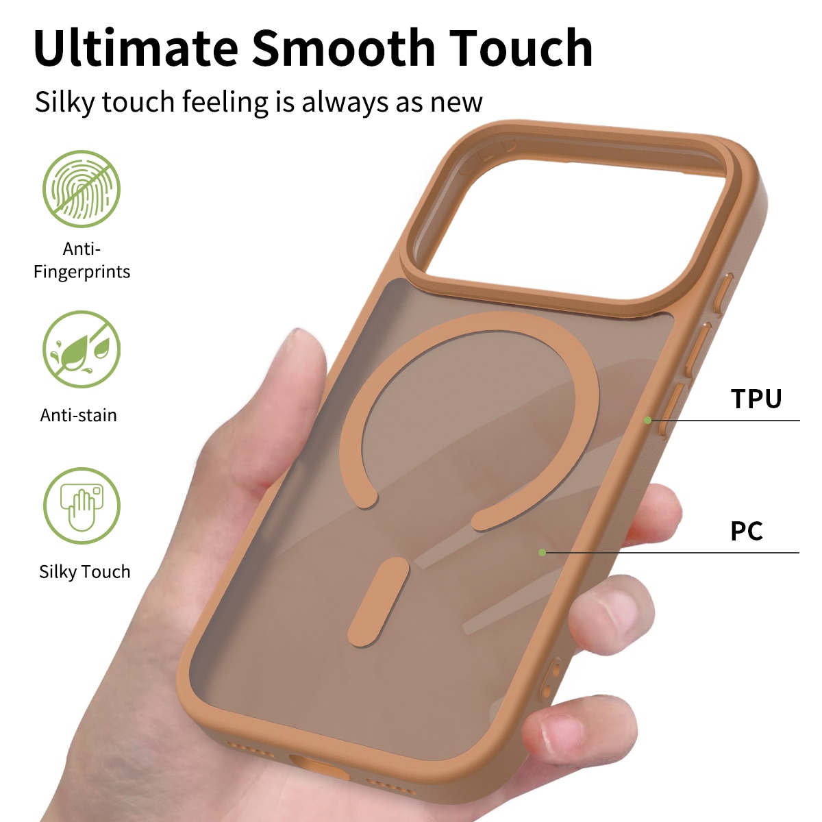 Husa de protectie pentru iPhone 17 Pro, Omelivon, MagSafe, Incarcare Wireless, Antisoc, Margini Ridicate pentru Protectia Ecranului si a Camerelor, Maro