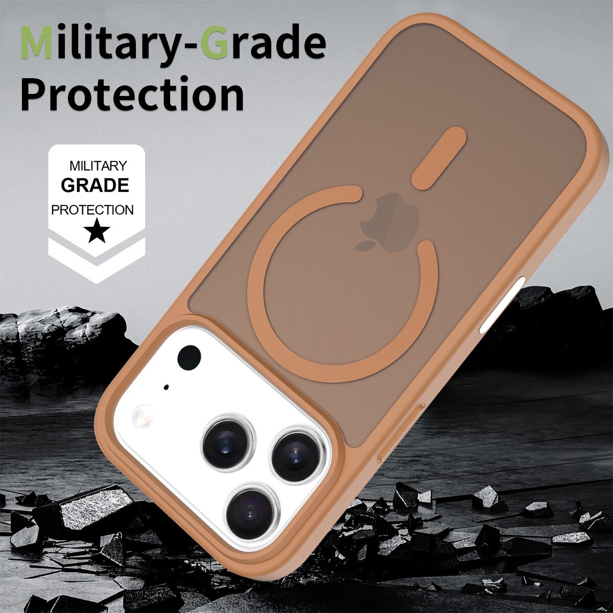 Husa de protectie pentru iPhone 17 Pro, Omelivon, MagSafe, Incarcare Wireless, Antisoc, Margini Ridicate pentru Protectia Ecranului si a Camerelor, Maro