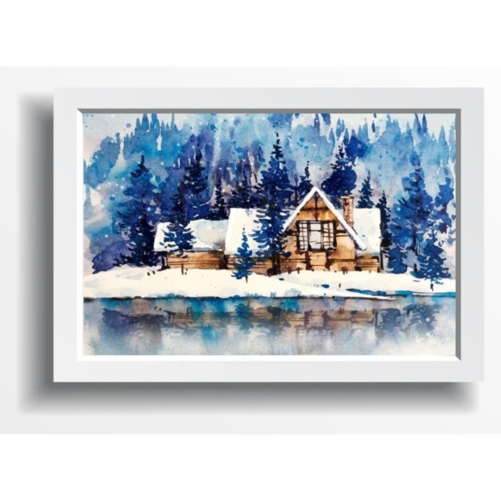 Tablou Inramat de Iarna, Cabana Montana Acoperita de Zapada, Decor Perete de Sarbatori, Rama din MDF Alb, 50x70cm