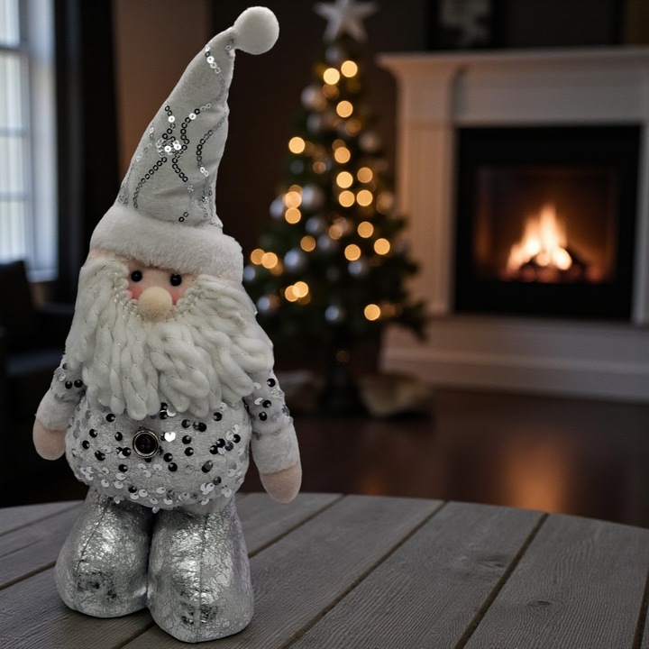 Figurina de Plus Mos Craciun, Vision XXI, 32cm, design argintiu, picioare stabile