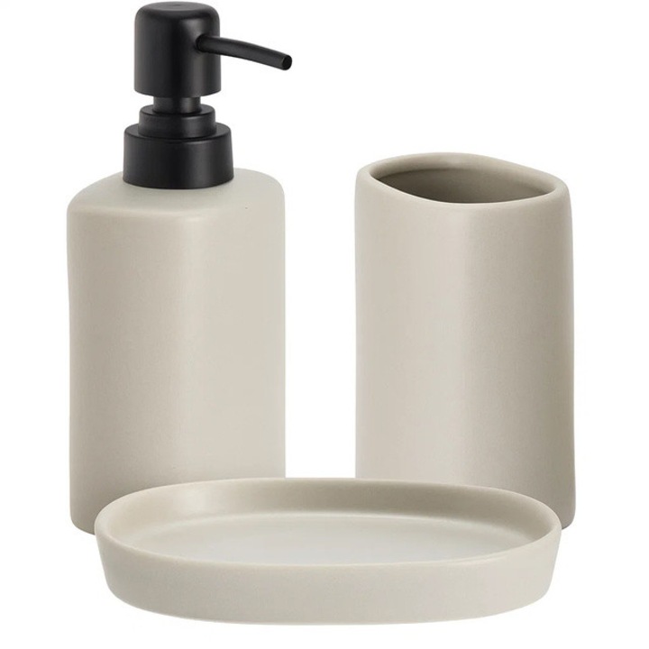 PLY fürdőszoba szett, kerámia adagoló, pohár és tálca, bézs - bézs