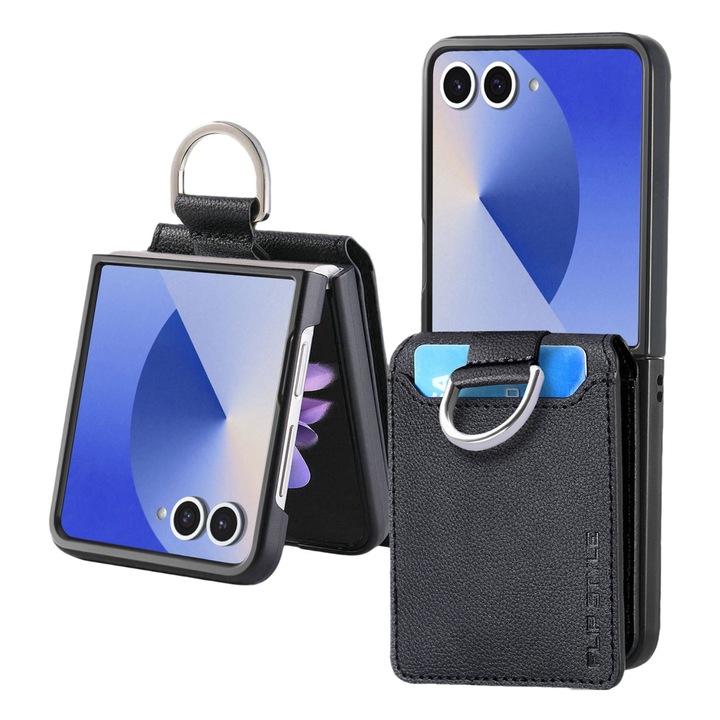 Husa Magnetica Samsung Z Flip7 cu Suport, Inel si Portofel - Textura Piele Litchi, Protectie Completa si Functionalitate Multipla, Negru