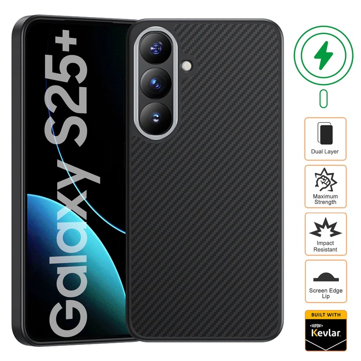 Husa Armor pentru Samsung S25 Plus, cu incarcare Wireless, din Fibra de Aramida, tip Kevlar - Carbon, material mat, anti-amprente, 600D, SnapOn Clip, Gekko™, Neagra