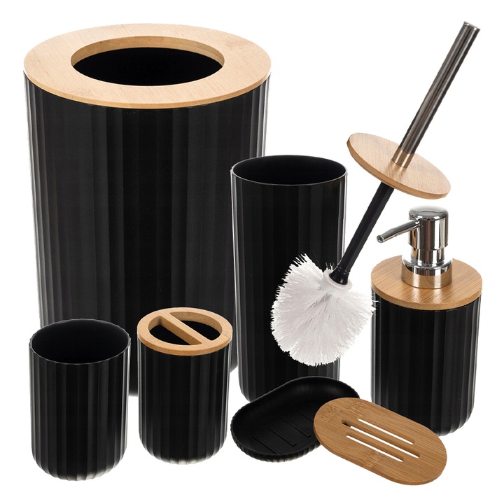 Комплект от 6 аксесоара за баня Teno®, дозатор за сапун, поставка за четки за зъби, тоалетна четка, поставка за сапун, кошче за боклук, бамбукови детайли, издръжливи материали, минималистичен дизайн, набраздявания, черен