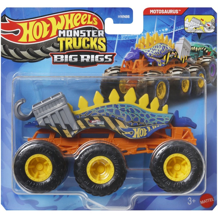 Masinuta metalica Hot Wheels Monster Truck Big Rigs, Motosaurus, cu 6 roti, 1:64