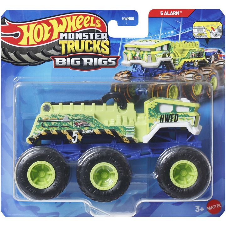 Masinuta metalica Hot Wheels Monster Truck Big Rigs, 5 Alarm, cu 6 roti, 1:64