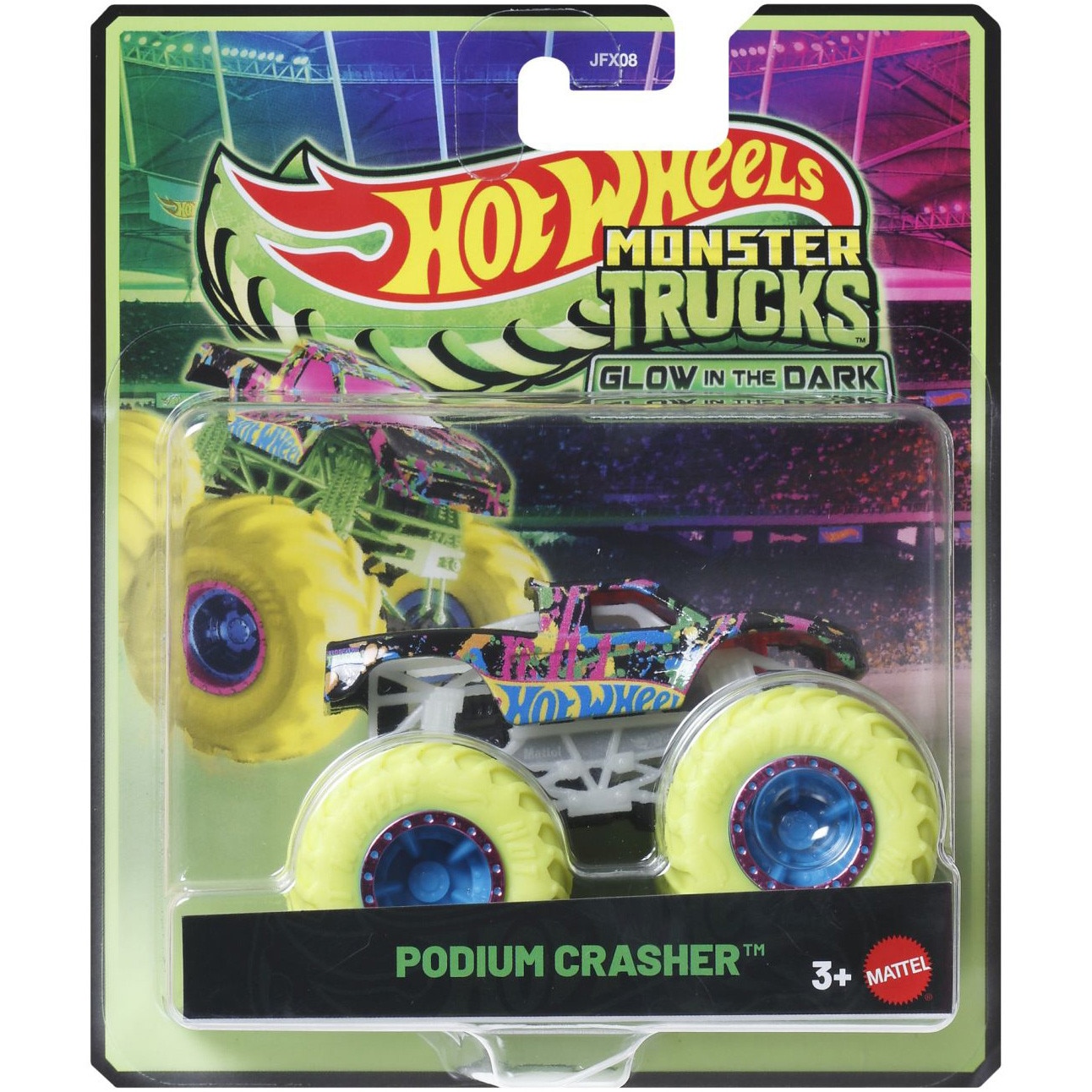 Masinuta Hot Wheels Monster Truck - Glow in the Dark, Podium Crasher, scara 1:64
