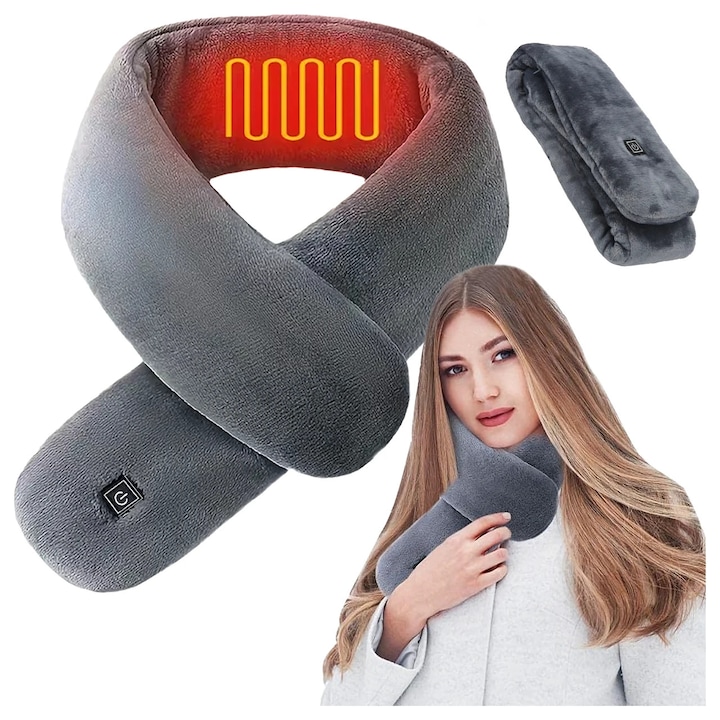 Fular cu incalzire unisex, Zola, 6W, 3 niveluri, gri, 80x10cm