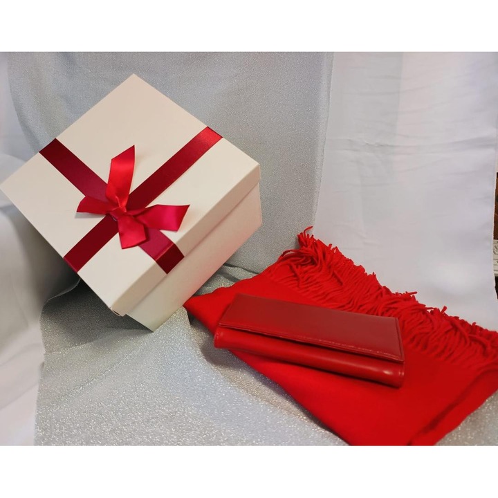 Set cadou sal dama rosu si portofel din piele naturala 19x9cm