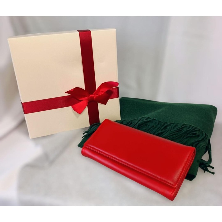 Set cadou sal dama din casmir verde si portofel dama din piele naturala rosu, 19x9cm