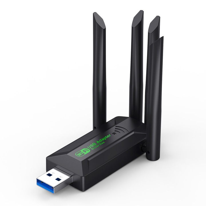 Adaptor wireless USB 3.0, 1300Mbps, 5dBi, dual band 2.4GHz/5GHz, 4 antene, negru