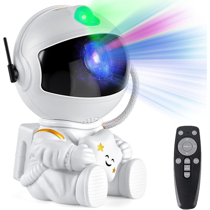 Proiector de Stele si Galaxii, Astronaut Piccolo, Lampa de Veghe pentru Copii si Adulti, cu Telecomanda, Rotire 360, 8 Moduri de Iluminare, Alimentare USB, Decoratiune Camera, Lumina LED, Alb, Creaza Atmosfera Magica si Relaxanta
