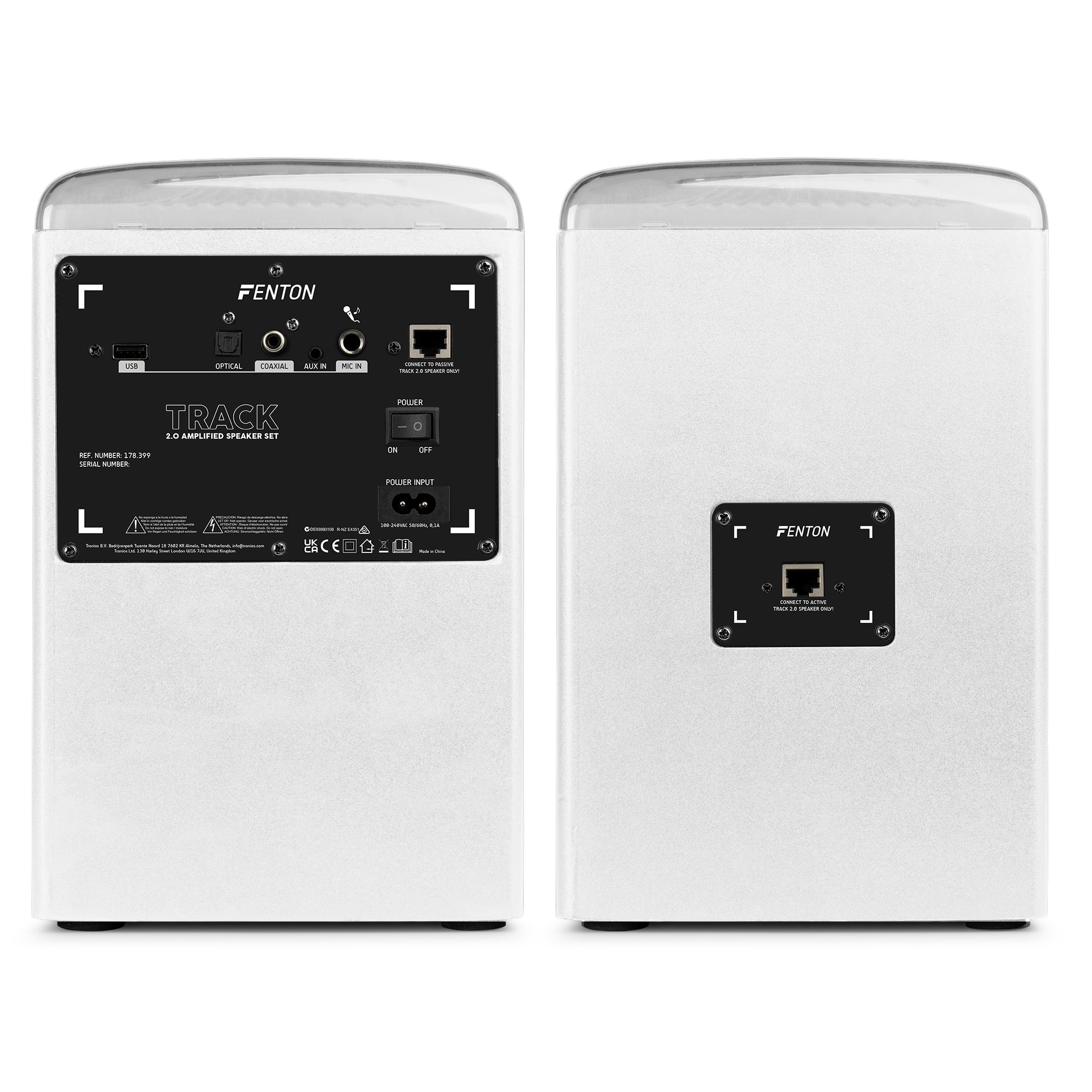 Set 2 boxe amplificate cu LED, 5.25", 120W, Bluetooth/USB, alb, Fenton TRACK2.0