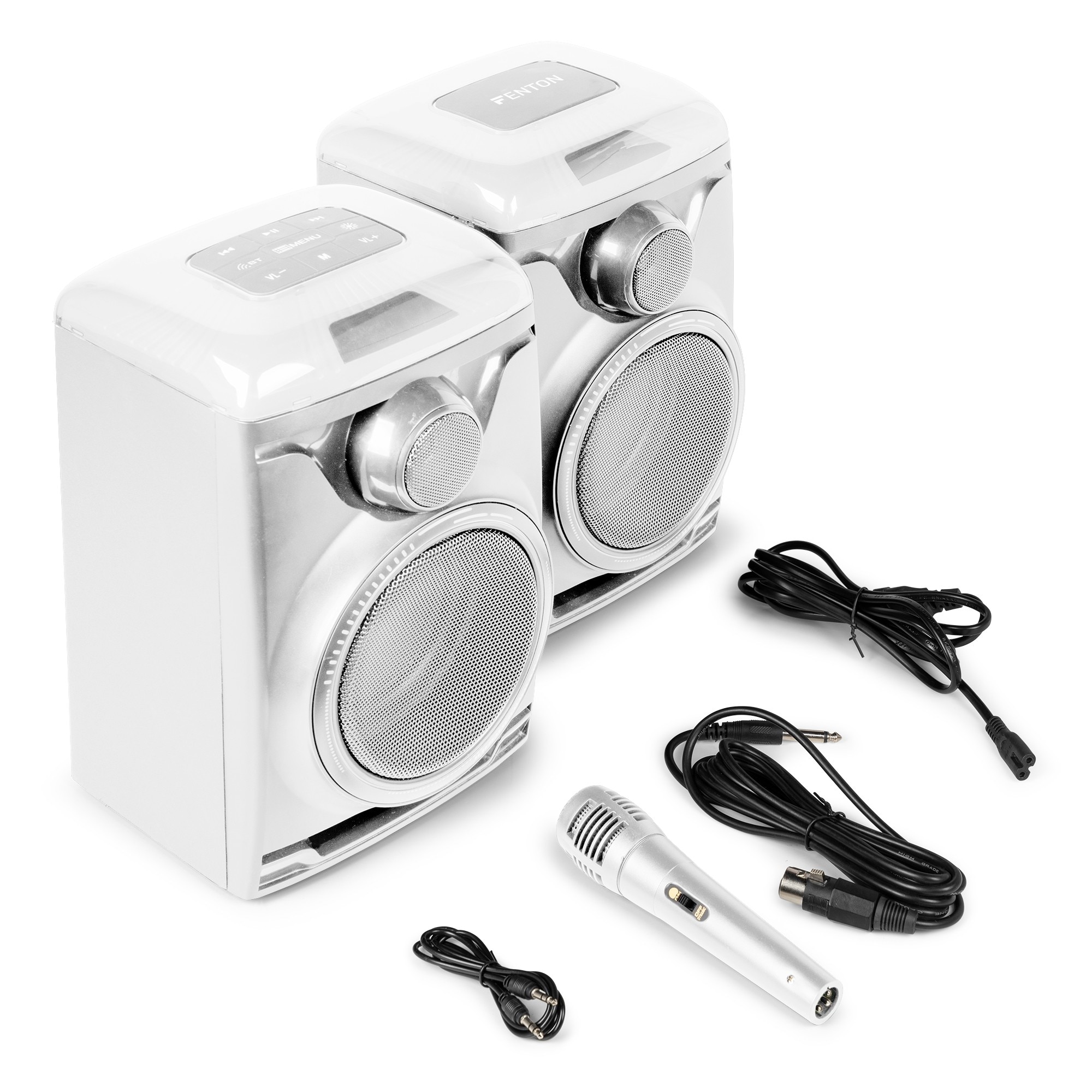 Set 2 boxe amplificate cu LED, 5.25", 120W, Bluetooth/USB, alb, Fenton TRACK2.0