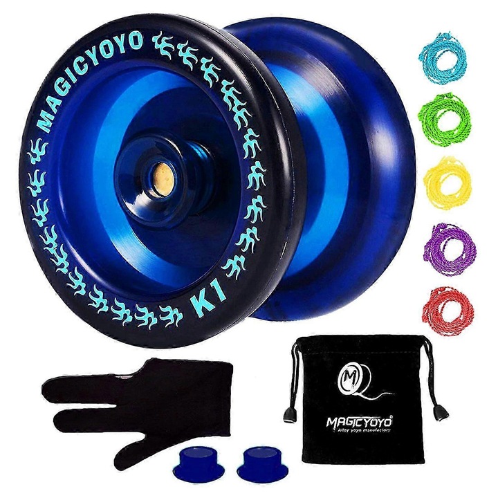 Yoyo luminos K1-Plus, set cu 5 sfori si manusa, albastru, 51.03mm