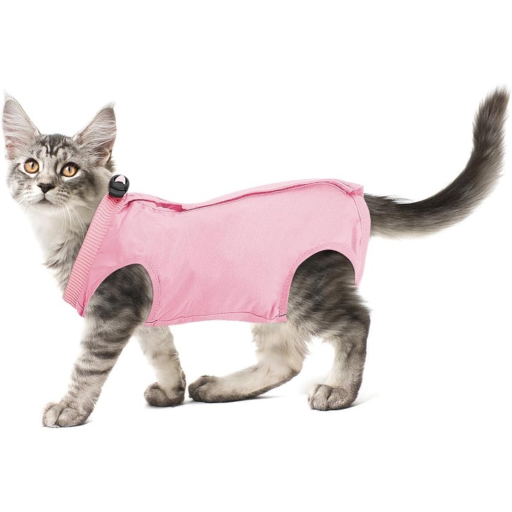 Costum de recuperare pentru pisici, alternativa la e-collar, roz, pentru rani abdominale sau afectiuni ale pielii