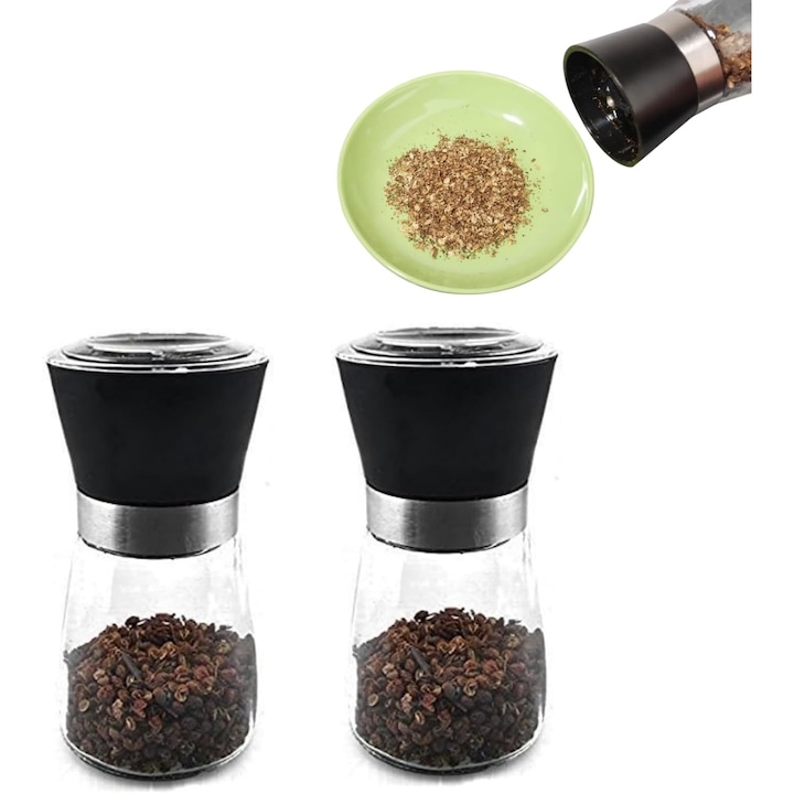 Set rasnite condimente, 2 piese, din otel inoxidabil si sticla, ajustare grosime, negru