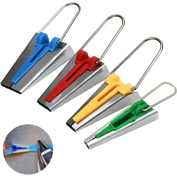 4 darabos szerszámkészlet szegélyszalagok készítéséhez, kemény műanyag és rozsdamentes acél, válogatott színek, változatos méretek