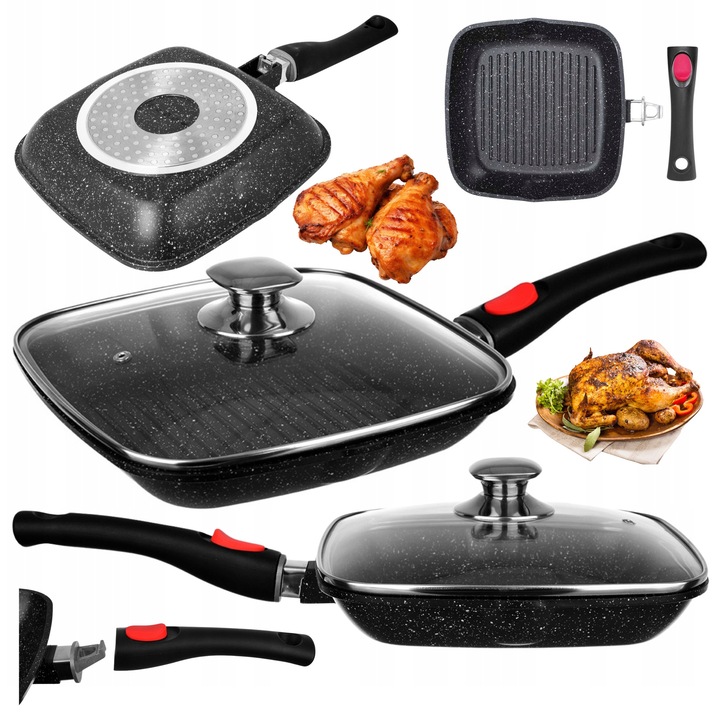 Tigaie Grill Rotunda 24cm, Marmorata, Detasabila, Capac Inclus